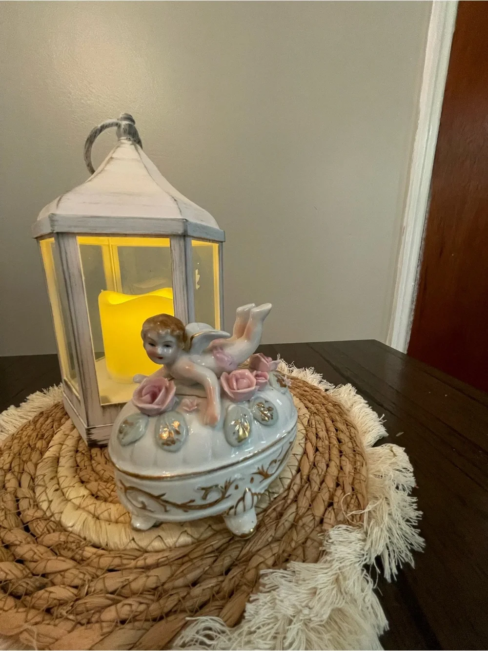 Porcelain Cherub Trinket Box with White and Pink Accents